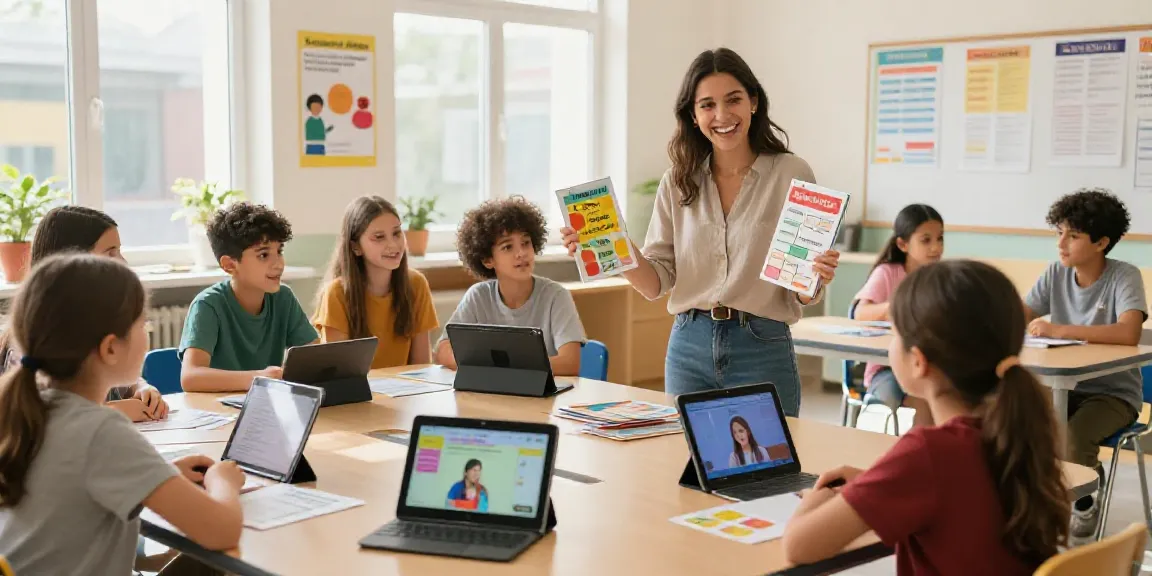 Toto language learning scene with students engaging in interactive education activities.