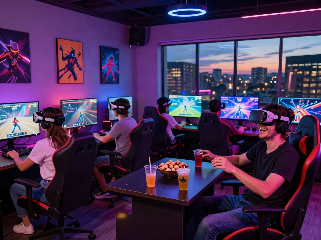 Friends enjoying immersive porngames in a vibrant gaming lounge with LED lights and stylish decor.