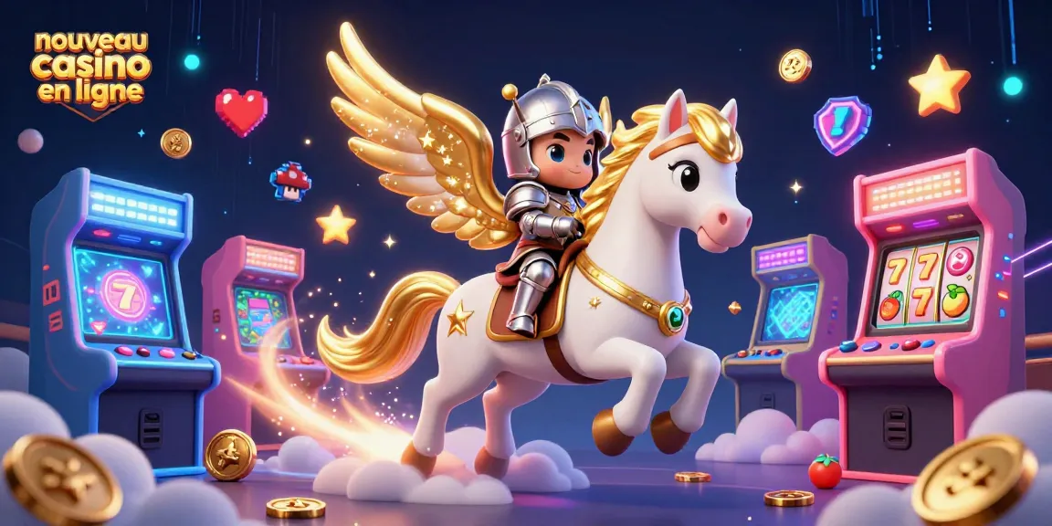 Illustration captivante d'un nouveau casino en ligne avec un cheval magique et un chevalier, entouré de machines à sous.