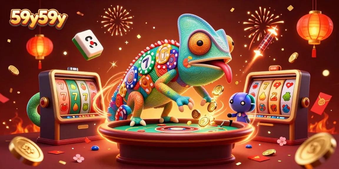 Engage with 59y59y's vibrant 3D chameleon casino experience set amidst floating slot reels and festive elements.