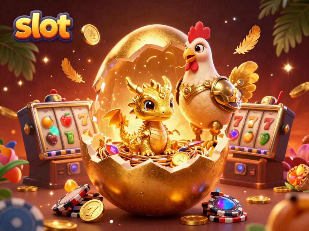 Menggandakan slot kemenangan dengan ilustrasi 3D menarik berisi telur emas dan simbol slot.