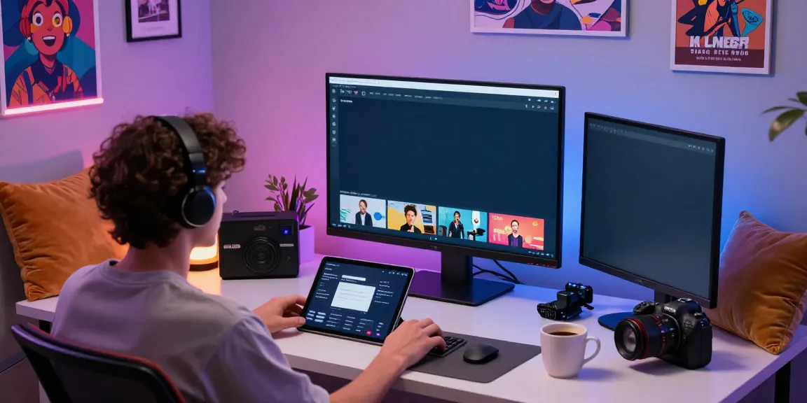 Engaging home workspace with vibrant decor and screen displaying hornyleak content.