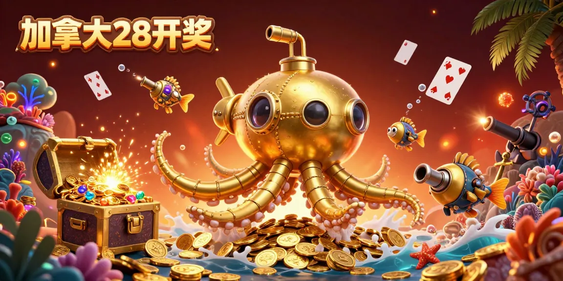 Engage in thrilling 加拿大28开奖 gameplay with a bold golden kraken submarine amidst gold coins and vibrant gaming elements.