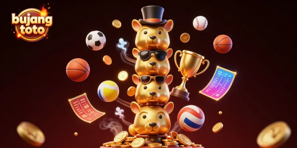 Engage with bujang toto through vibrant sports betting elements like golden trophies and lively 3D graphics.