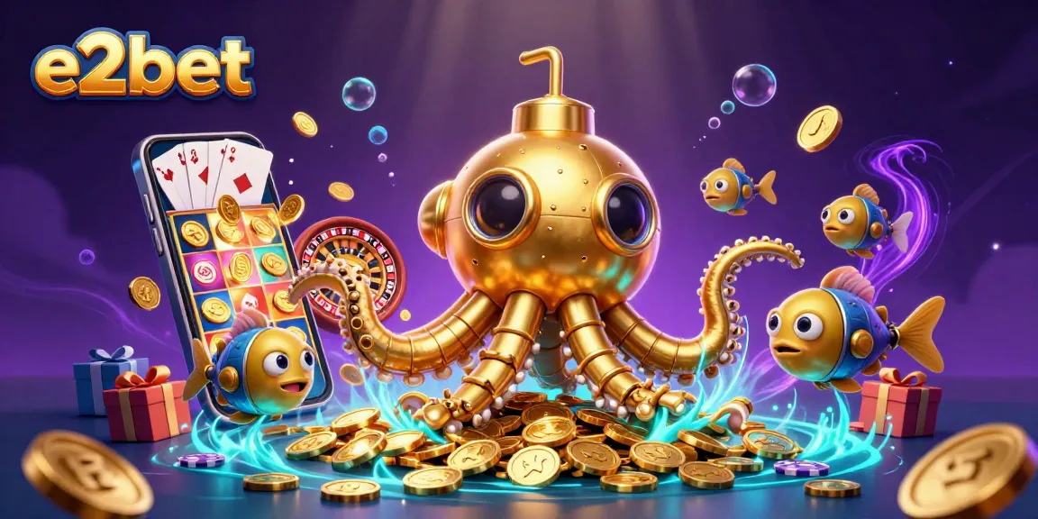 Play with e2bet's vibrant 3D illustration featuring a kraken submarine amidst golden coins and casino games.