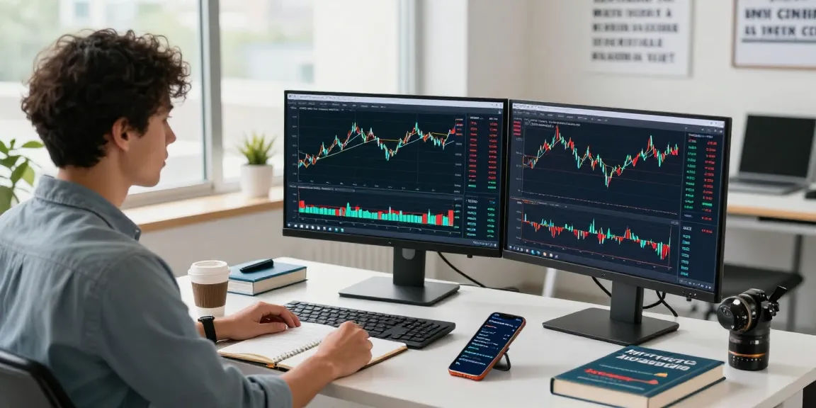 Trader analyzing real-time MetaTrader 4 charts in a modern office, showcasing automated trading strategies.