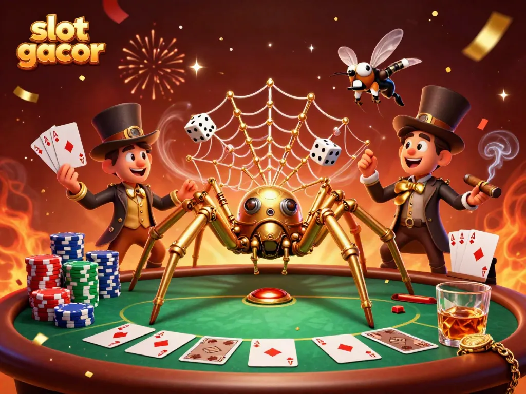 Menang slot gacor dengan simbol jackpot dan pelangi kasino saat bermain di meja poker yang ramai.