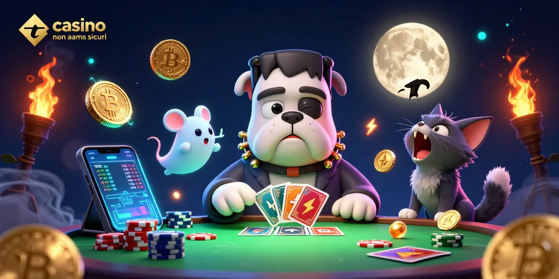 Gioca nei casino non aams sicuri con un bulldog Frankenstein che distribuisce carte, tra scintillanti monete crypto.