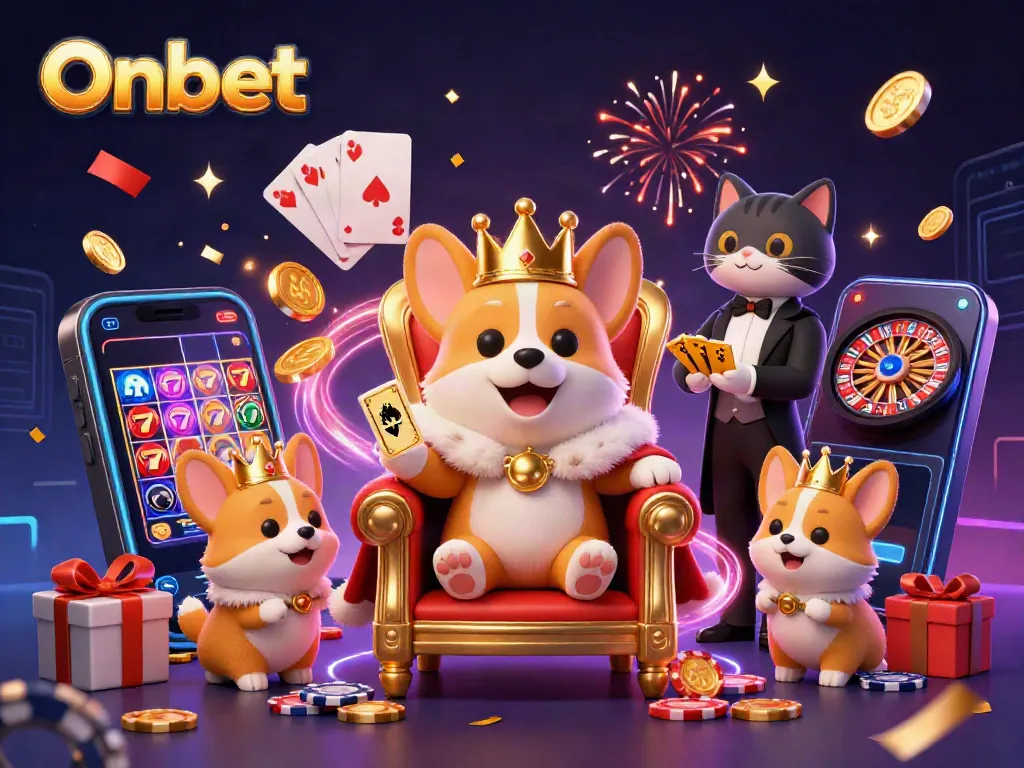 Experience thrilling wins at Onbet with a royal corgi atop a poker chip throne, vibrant slot games, and cascading coins.