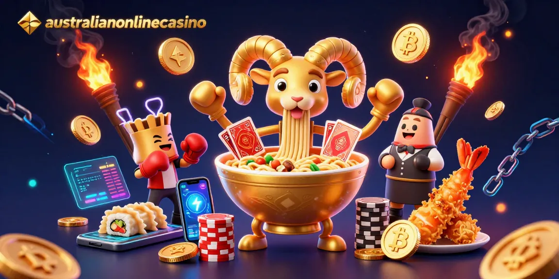 Play at australianonlinecasino with fun characters like a giant ramen bowl dealer and crypto elements.