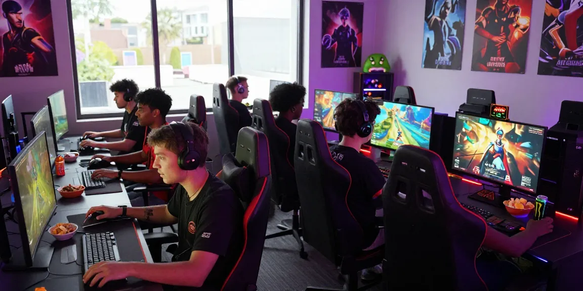 Pengalaman bermain game di GOKIL33 dengan gamer beragam dan peralatan canggih di ruang gaming yang cerah.
