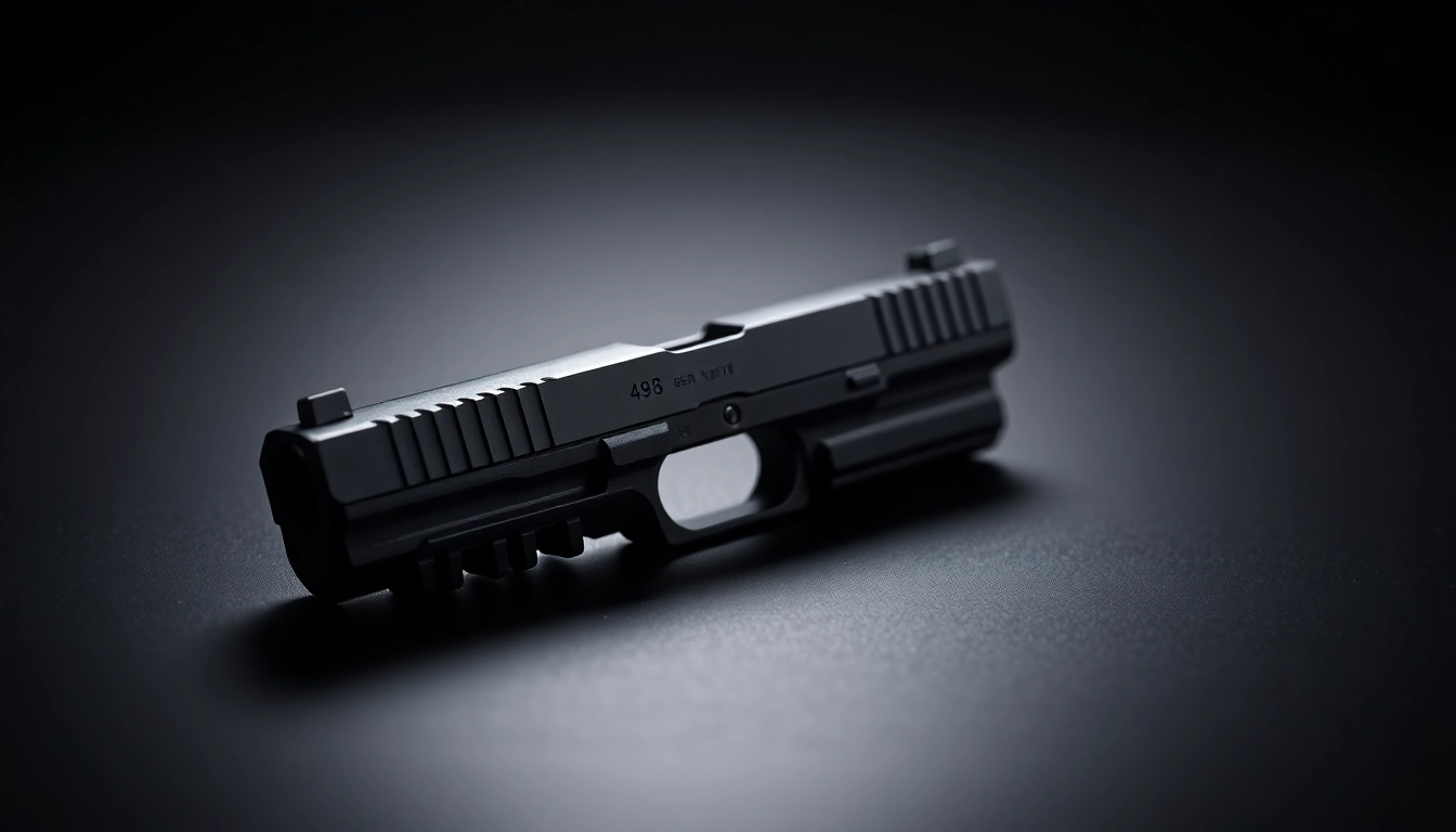 Display of a glock 48 slide emphasizing its sleek design and metal texture.