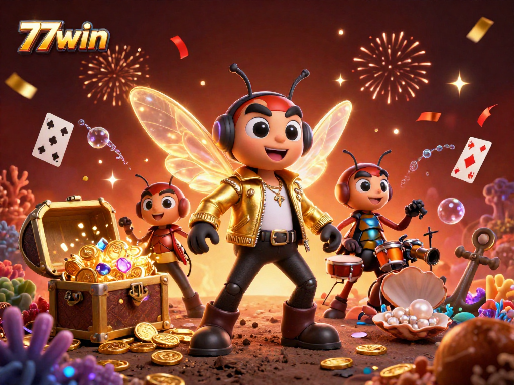 Experience the vibrant excitement of 77win with a lively scene featuring unique casino-themed characters and elements.