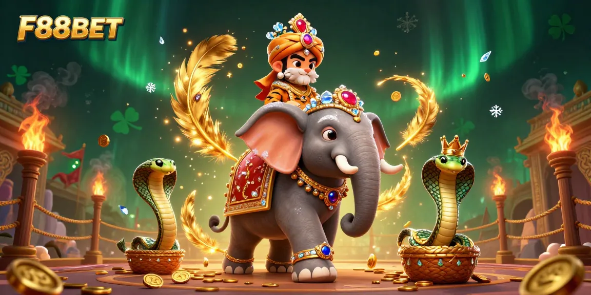 Experience the excitement of F88BET with a vibrant 3D illustration showcasing a royal tiger, a jeweled elephant, and a cobra amidst a gambling scene.