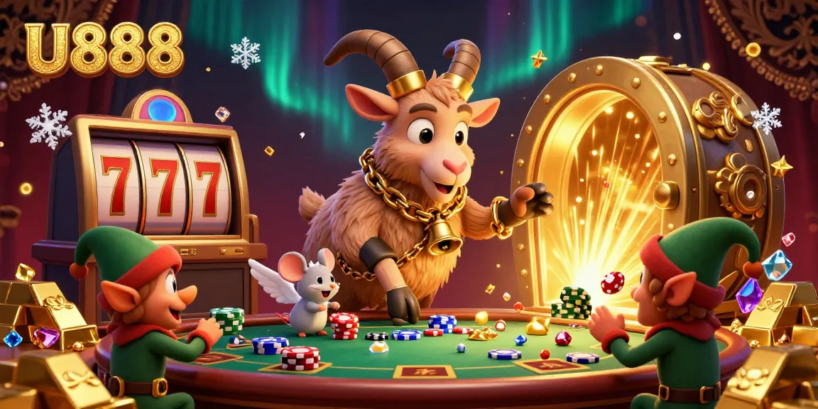 Experience the thrill of U888 with 3D cartoon characters engaging in a festive online casino atmosphere filled with golden treasures.