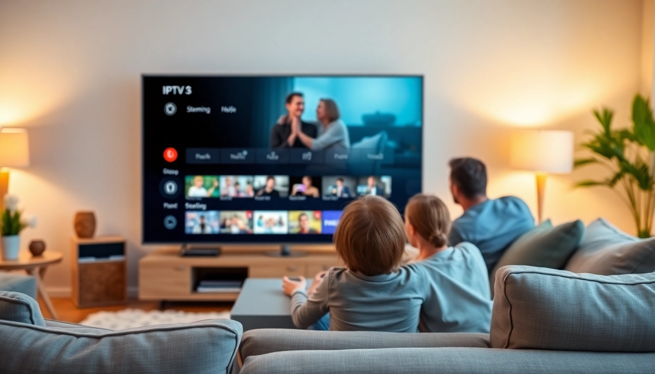 Streaming iptv Denmark on a smart TV in a cozy living room with family enjoying content.