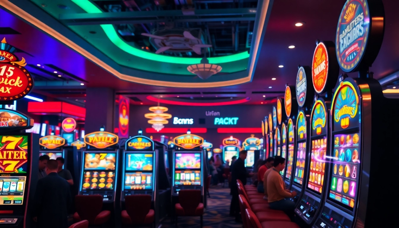 Experience the thrill of slot gambling amid vibrant casino lights and busy players.