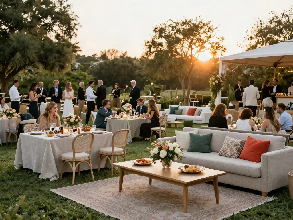Event furniture rental for a beautiful wedding setup with elegant tables and lounge areas.