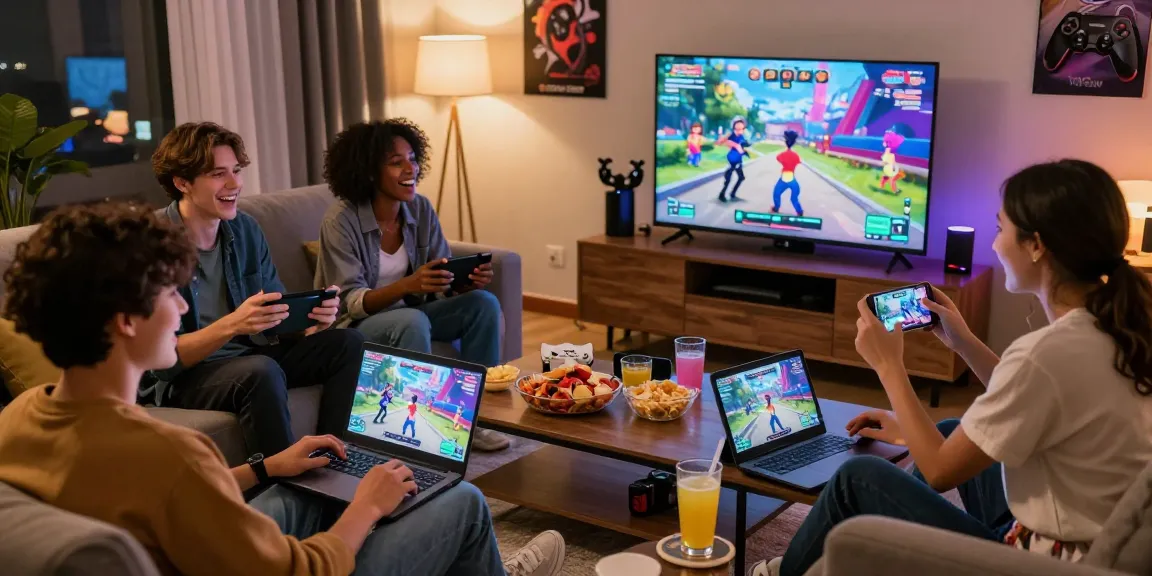 Friends enjoying engaging sex games online in a cozy living room, showcasing fun and excitement.