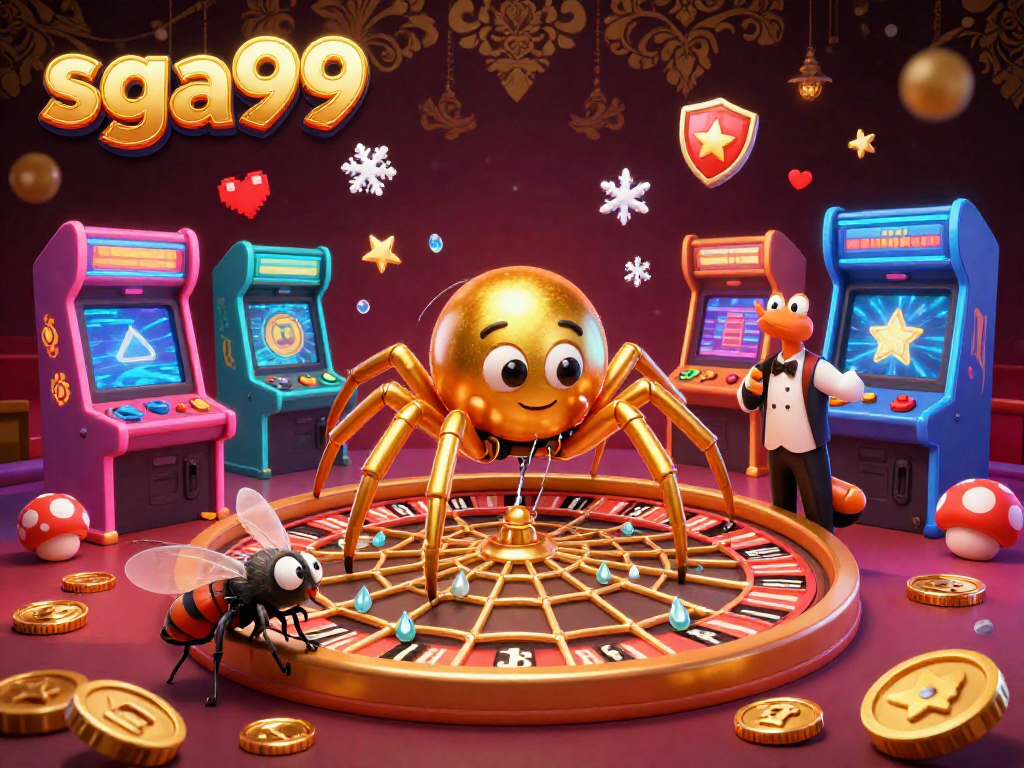 Engage with sga99 as the golden spider spins a roulette wheel in a dynamic casino scene filled with vibrant game elements.