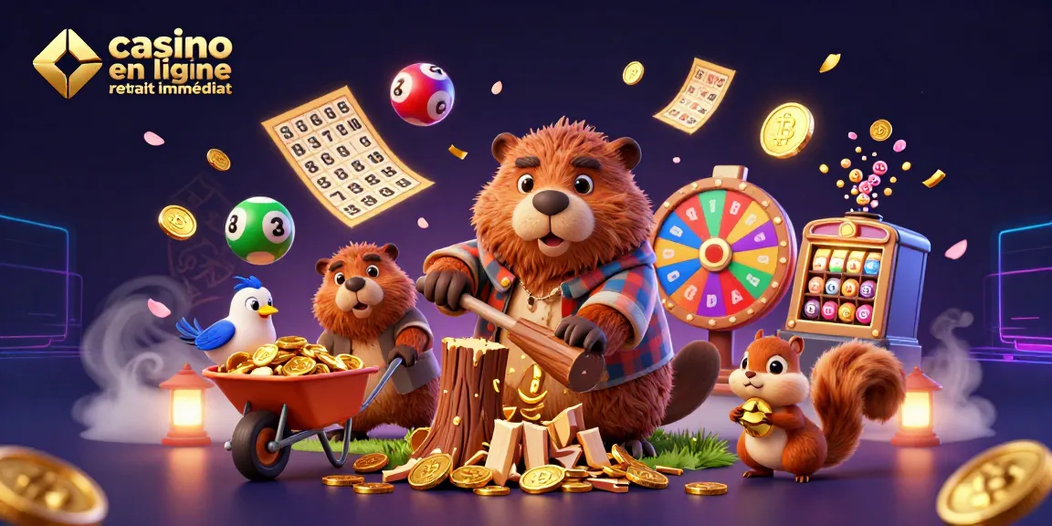 Casino en ligne retrait immédiat avec un castor bûcheron cartoon récoltant des pièces d'or, une illustration dynamique et festive.
