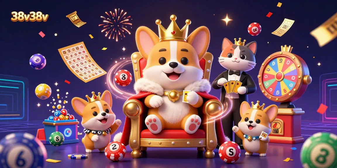Jogando na loteria com 38v38v em uma cena festiva com corgis reais e elementos vibrantes de cassino.