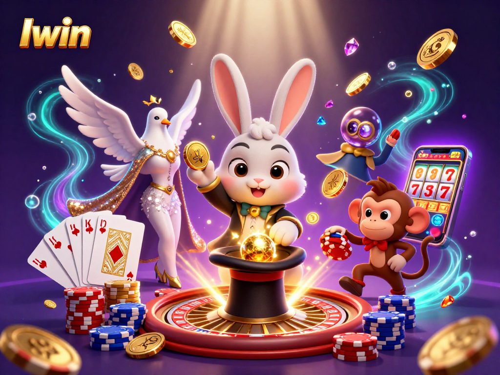 Iwin features a magical scene with a rabbit, dove, and monkey, pulling coins and poker chips.