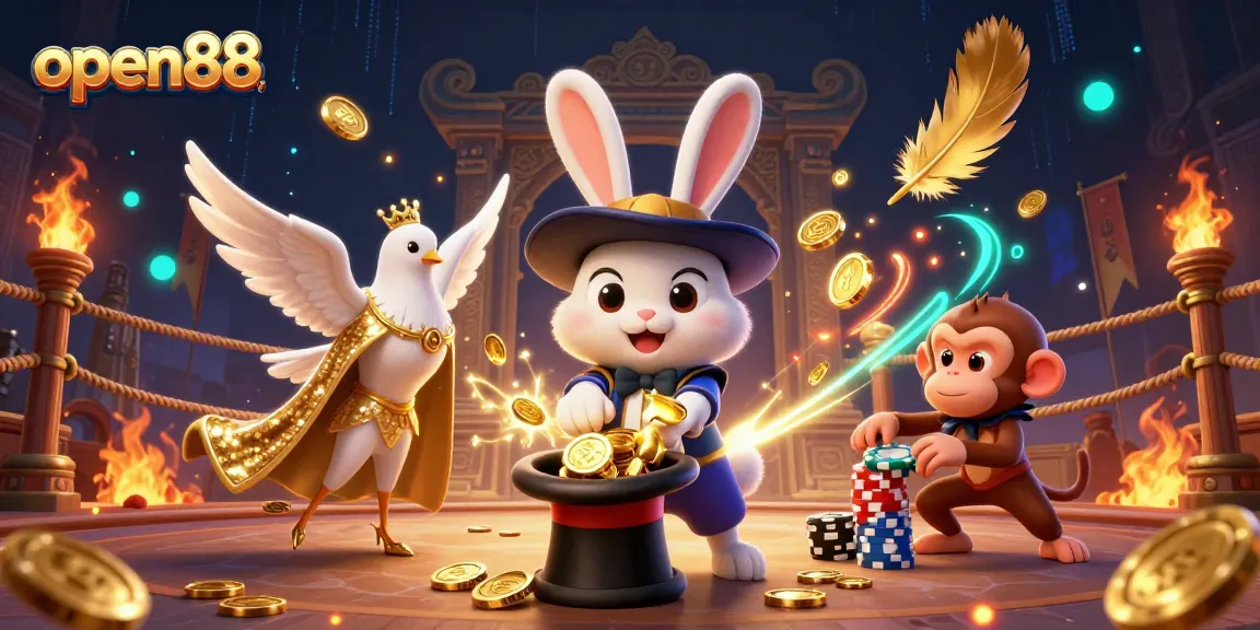 Open88 offers thrilling casino experiences with a magical rabbit pulling coins in a vibrant 3D scene.
