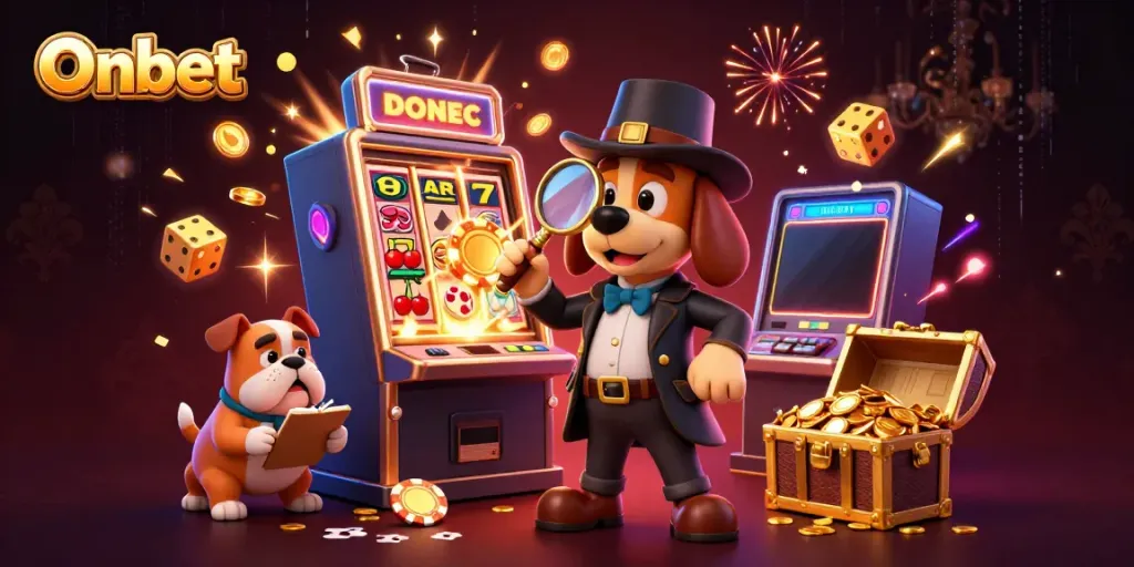 Onbet features a 3D detective pursuing jackpot clues in a vibrant casino scene.