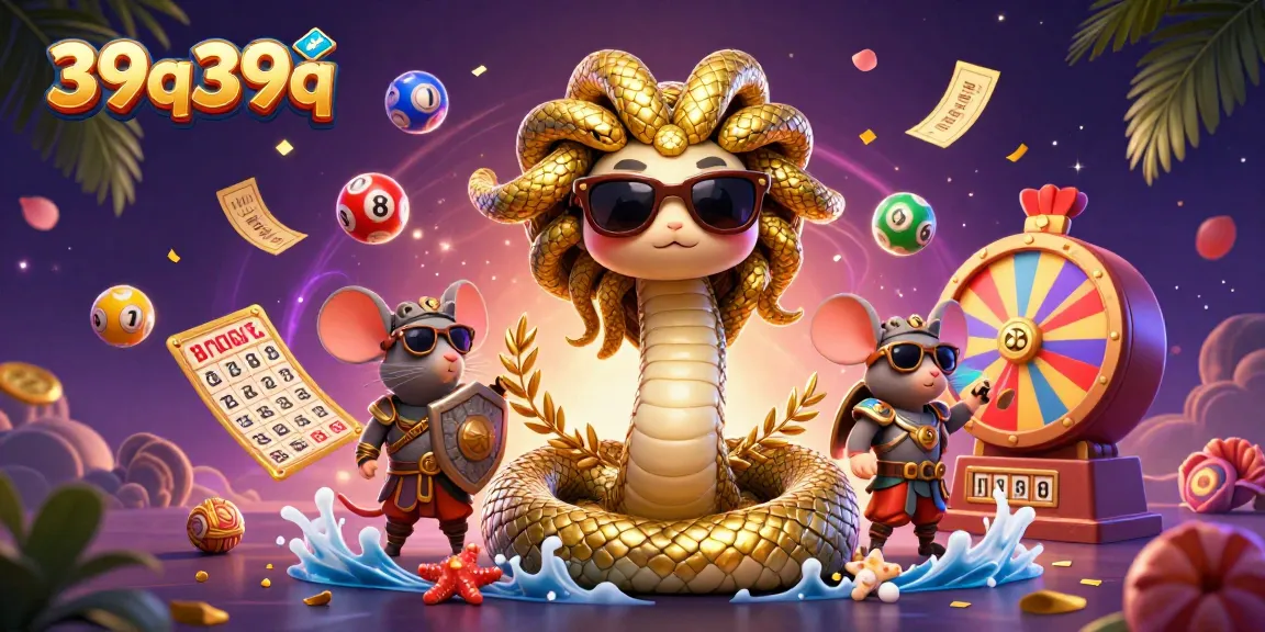 Engage with 39q39q as Medusa and a mouse warrior celebrate lottery wins amidst vibrant game elements.
