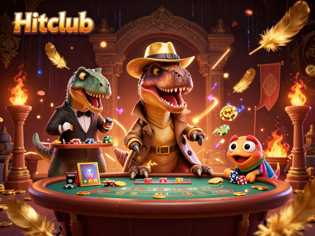 Hitclub features a velociraptor card counter amid chips, gold coins, and dynamic casino elements.