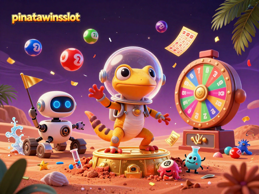 Engage with pinatawinsslot as a Martian gecko uncovers a golden casino among vibrant gaming elements.