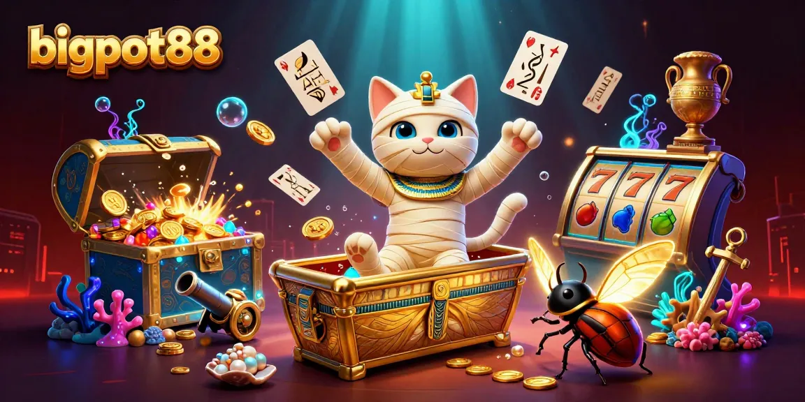 Engage with bigpot88's thrilling casino experience featuring a mummy cat and gold symbols!