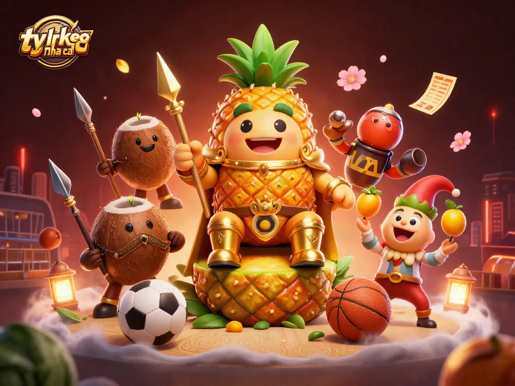 Bet on ty le keo nha cai with golden pineapple king and coconut guards in a colorful casino scene