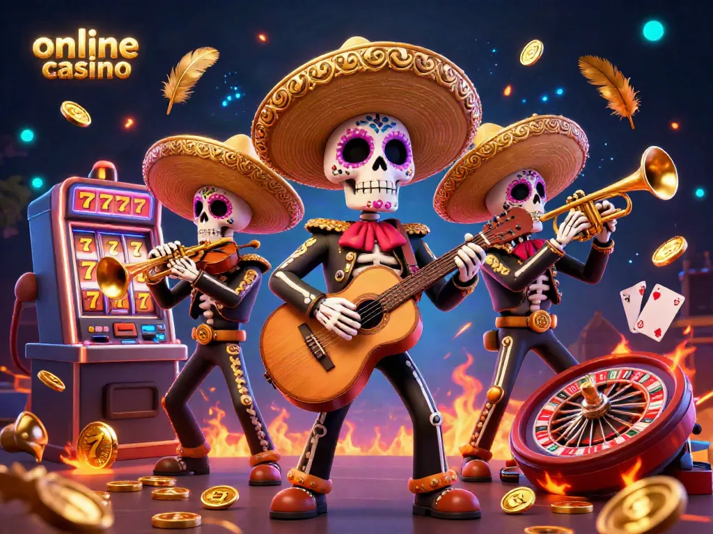 Experience an exciting online casino scene featuring a Day of the Dead mariachi band amidst vibrant gaming elements.