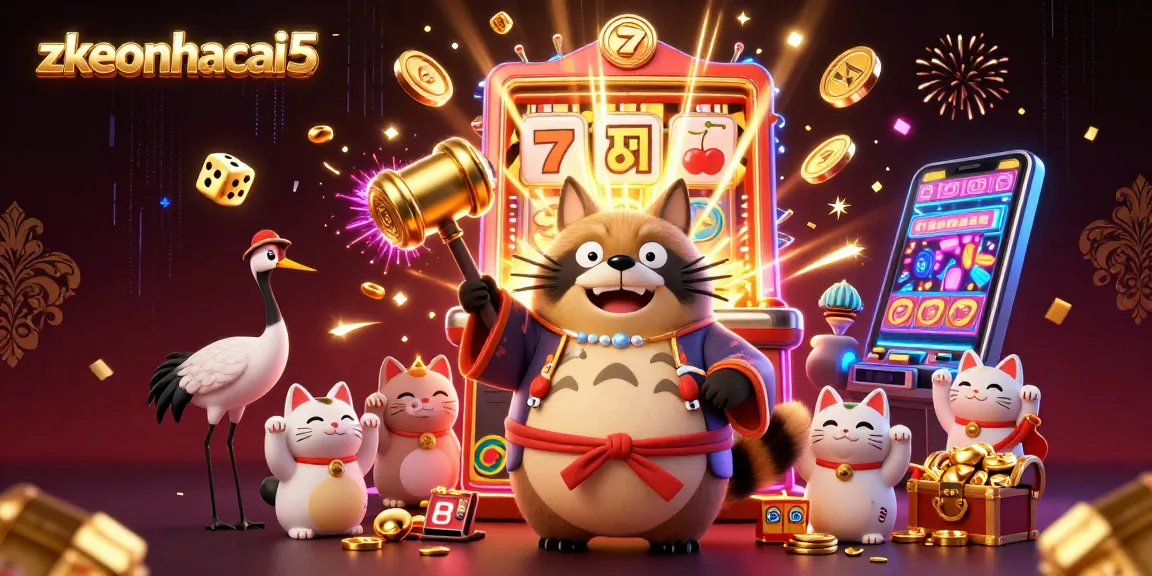 Experience the energy of zkeonhacai5 with a cheerful raccoon dog surrounded by fortune elements in a vibrant casino scene.