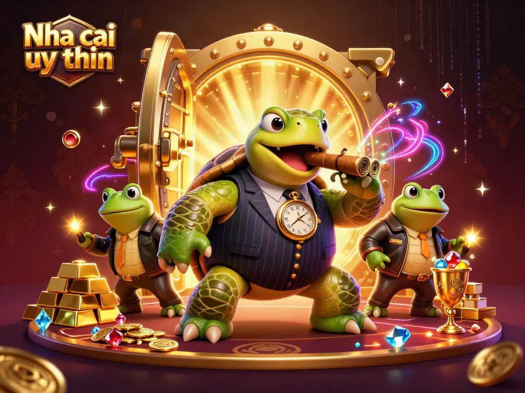 Nha cai uy tin showcases a captivating scene of a turtle mobster and bullfrog enforcers in a lively casino environment.