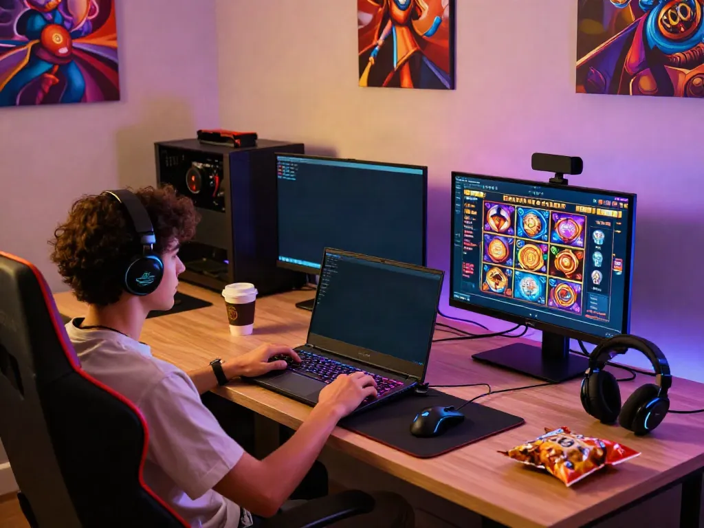 Engaging scene of a player enjoying online slot games at a modern desk with multiple screens.