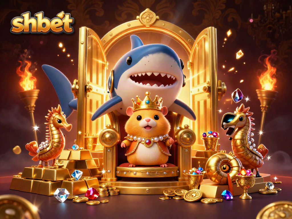 Engage in the vibrant scene at shbet featuring a golden hamster king and seahorse guards amid treasure.