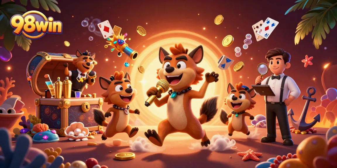 Experience the fun at 98win's casino with lively hyenas, vibrant games, and treasures!