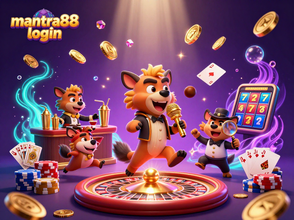Experience gameplay excitement with mantra88 login in a vibrant casino scene filled with festive hyenas and overflowing treasures.