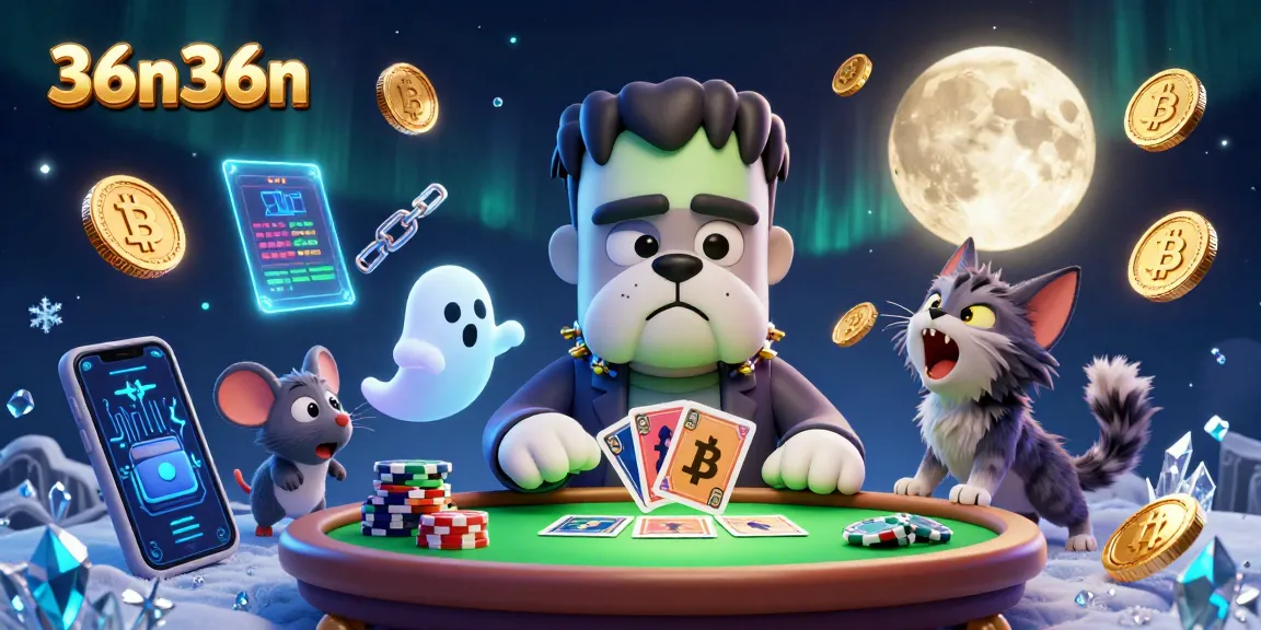 36n36n showcases a thrilling card game scene with a Frankenstein bulldog, ghost, and werewolf kitten.