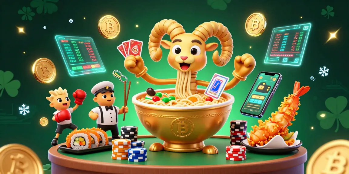 Engage with batman138 as the animated ramen bowl deals cards and chips in a vibrant casino scene.