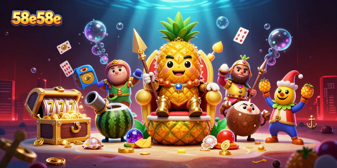 Experience the vibrant casino world of 58e58e with a golden pineapple king and exciting gaming elements.