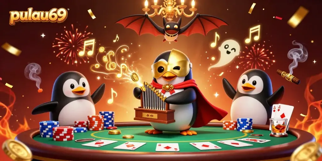 Experience pulau69 with vibrant casino action featuring a penguin organist and poker elements.