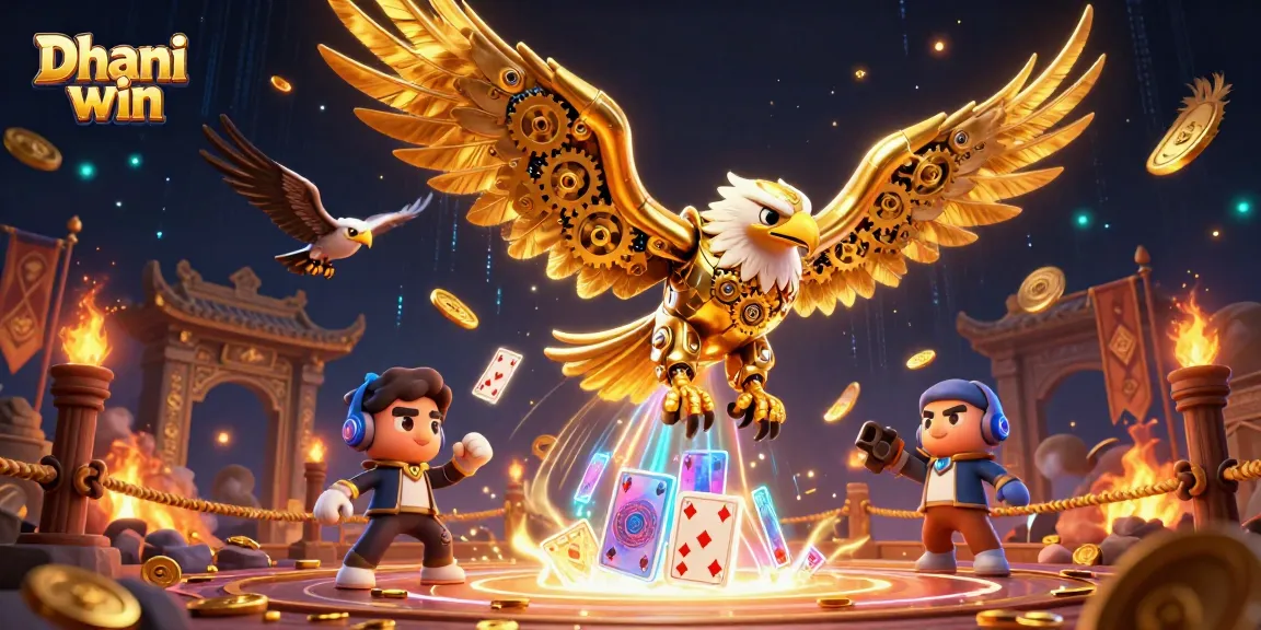 Dhani win showcases a dynamic casino scene with a cybernetic golden eagle and holographic games.