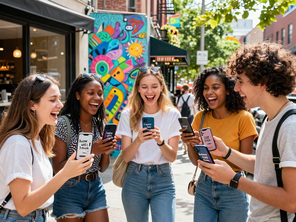 Friends having fun guessing ages using the how old do I look app in an urban setting.