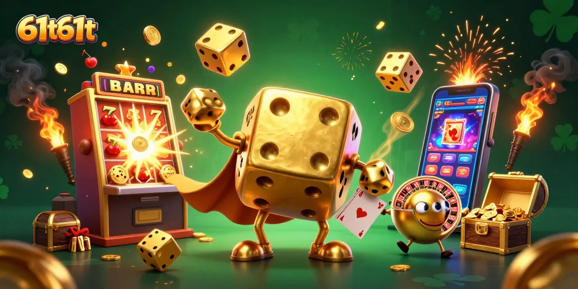 Experience the excitement of 61t61t with a golden dice golem in a vibrant 3D casino.