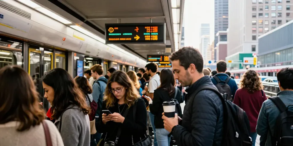 Commuters facing transport delays on a busy metro platform in a vibrant city.