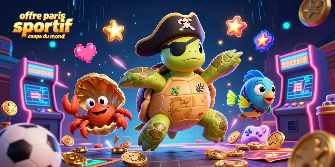 Offre paris sportif coupe du monde : illustration dynamique d'une tortue pirate jouant à des jeux de paris sportifs.